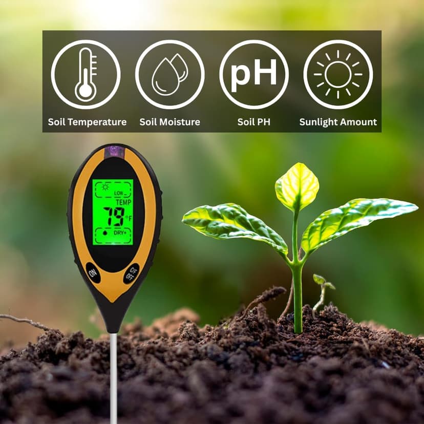 4-in-1 Soil Moisture Meter, High Precision, Digital Plant Temperature/PH Meter/Sunlight Intensity, Backlight LCD Display, Soil Test Meter for Gardening, Lawn, Farming, and Outdoor Plants