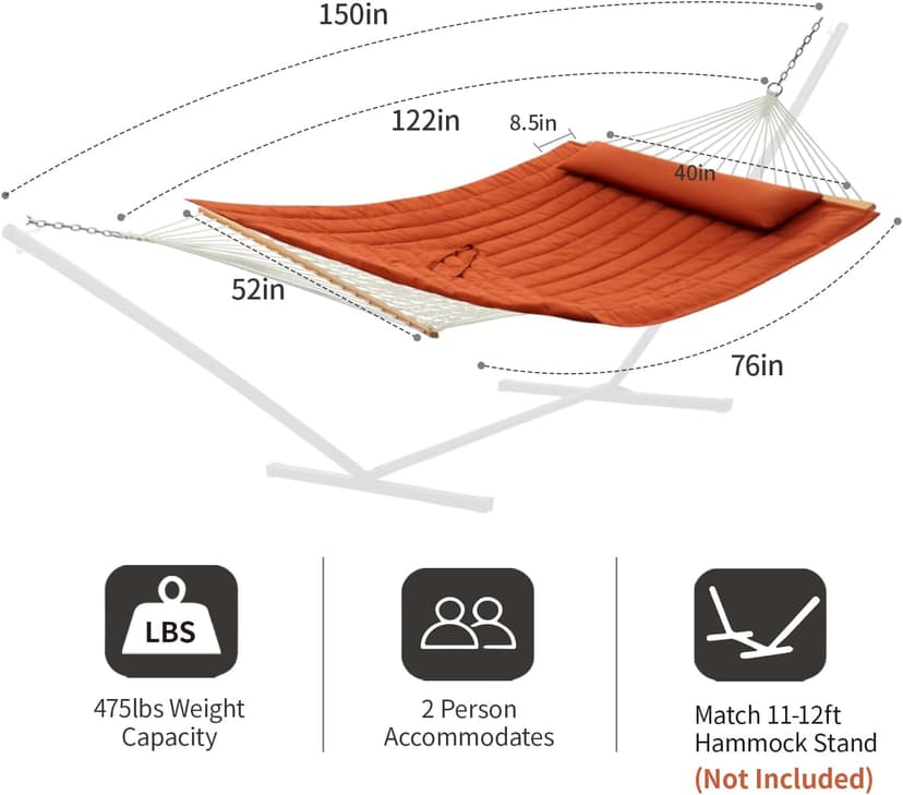 Outdoor Double Hammock with Hardwood Spreader Bars, Cotton Rope Hammock with Polyester Pad and Pillow, 475 LBS Capacity 2 Person Hammock, Large Hammock for Patio Backyard Poolside - Terracotta