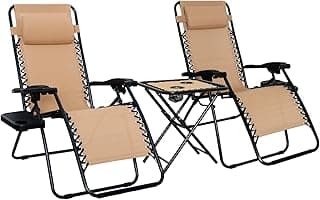 Amazon Basics Outdoor Patio Mesh Adjustable Zero Gravity Lounge Chair Recliners set of 2 with Side Table, 35 x 26 x 43 inches, Beige
