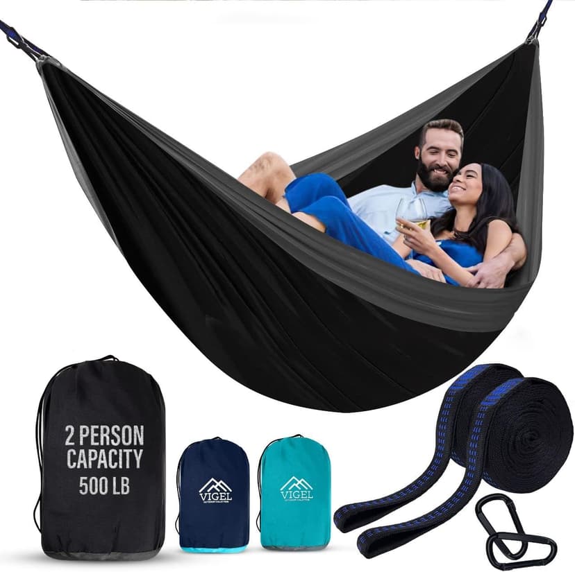 Vigel Camping Hammock - XL Double Hammock 500 Lb Capacity - Nylon - 2 Person Portable Tree Hammock - Camping Accessories for Outdoor, Travel, Hiking