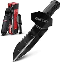 PANCKY Metal Detector Shovel with Extended Handle & Carrying Sheath, Heavy Duty Double Serrated Edge Metal Detecting Digging Tool, Digger Trowel for Gardening, Camping, Black