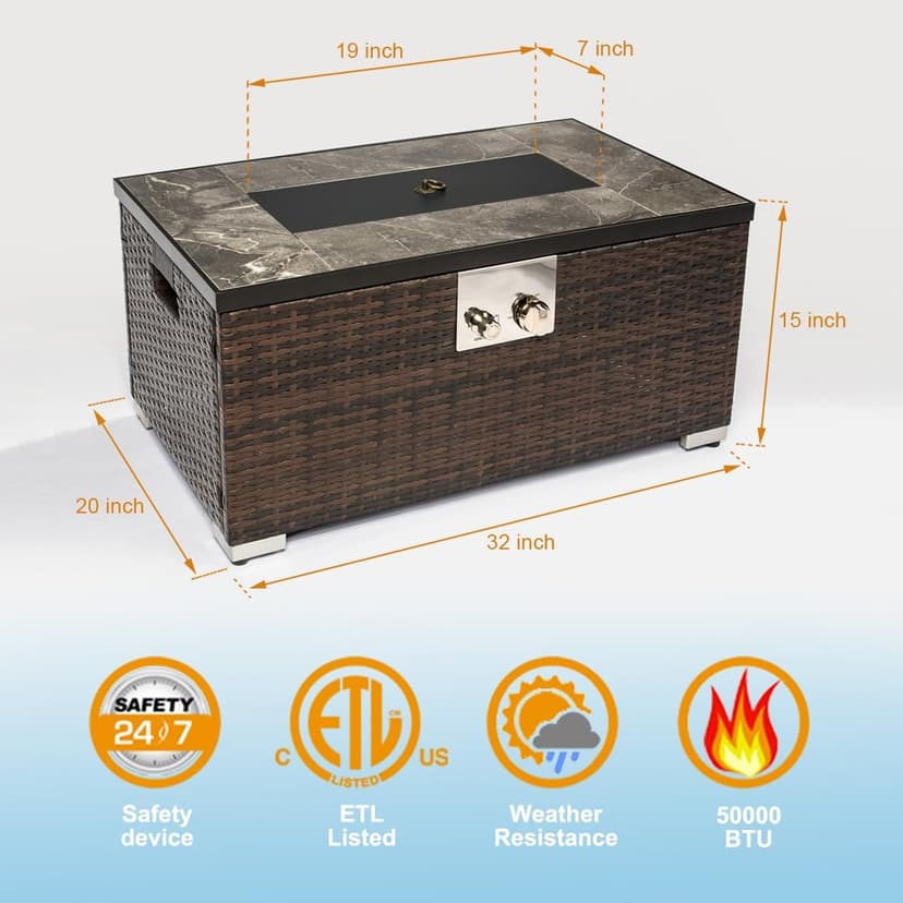32'' Fire Pit Table with Natural Gas Conversion Kit, Marble Textured Ceramic Tabletop, 50,000 BTU Fire Table with Brown Wicker, Rectangle, Tank Required to Be Kept Outside.