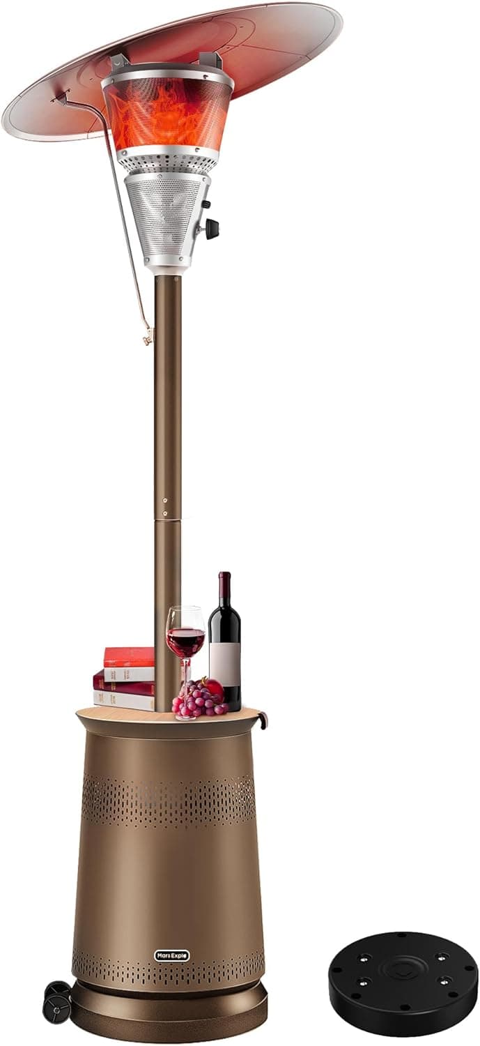 50,000 BTU Patio Heater for Outdoor Use With Adjustable Heat Focusing Top, Propane Patio Heater with Wheels, Stainless Steel Burner for Porch Garden Commercial Residential, Dark Brown