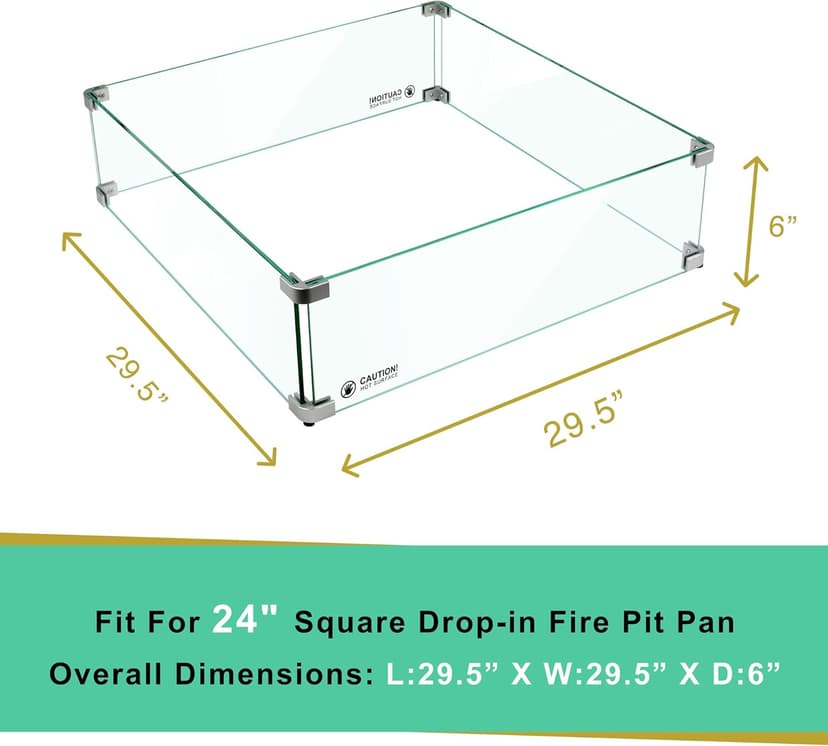 Holy Fire 29.5" L x 29.5" x 6" Square Fire Pit Glass Wind Guard Clear Tempered Glass Flame Protective Pane Wind Resistant - Fits 24” Square Fire Pit Burner Pan