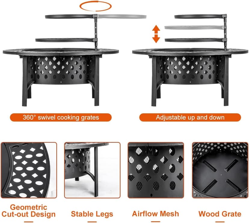 42 Inch Fire Pit with 2 Grills, Extra Large Wood Burning Fire Pits for Outside with Lid & Poker, Heavy Duty Firepit,BBQ& Outdoor Fire Pit & Round Metal Table 3 in 1 for Patio, Picnic, Party