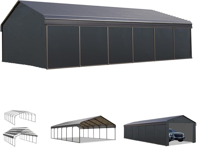 MFSTUDIO Carport 20x30 ft, Outdoor Heavy Duty Carports with Sidewalls, Metal Shed Canopy Shelters Garage Shelter Shade Car Ports with Galvanized Roof for 3 Cars, Truck and Boats