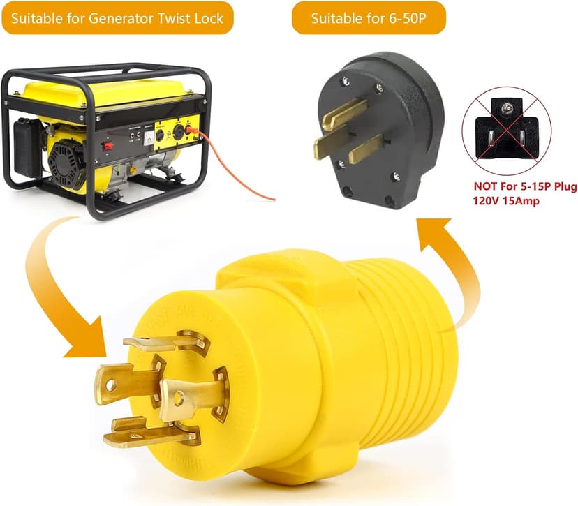 NEMA L14-30P to 6-50R 240V Compact Generator Adapter Connector, 30Amp Twist Lock 4 Prong Male Plug to 3 Prong Female Receptacle Adapter for Welder Generator Dryer EV Charger, Yellow