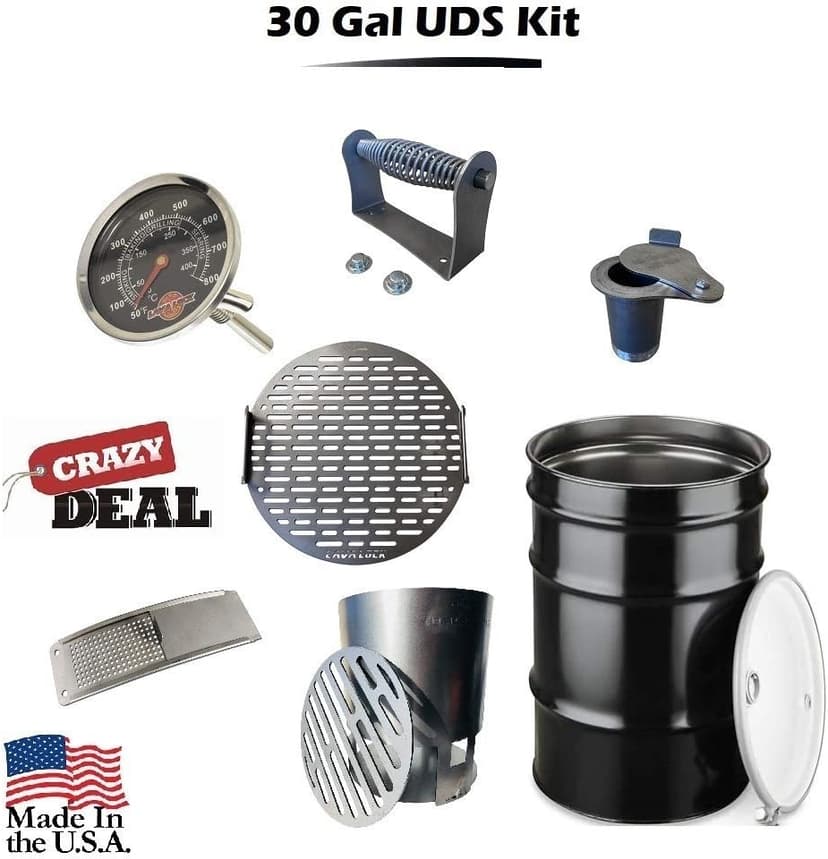LavaLock DIY 30 Gallon Premium UDS Smoker Kit COMPLETE with DRUM, Charcoal Basket, Cooking Grate, Intake, Smoke Stack, Thermometer, Lid Handle UDS KIT