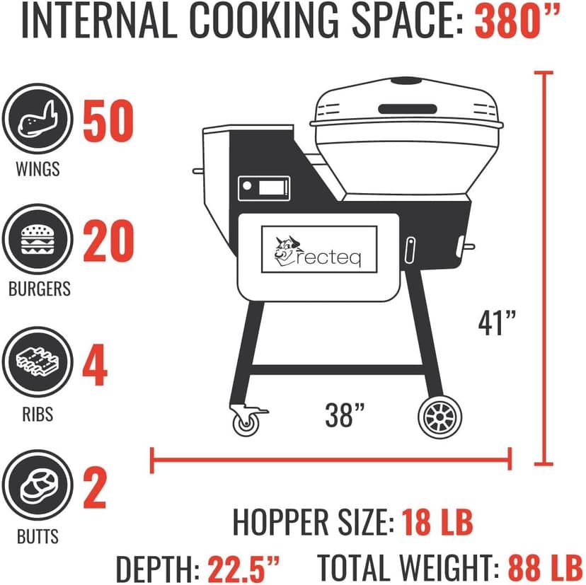 recteq Pellet Grill RT-B380X Bullseye Deluxe, WiFi Enabled Electric Pellet Smoker Grill, Wood Pellets, BBQ Outdoor, Smoke, Sear, and More