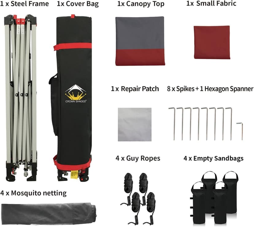 CROWN SHADES 13x13 Pop Up Gazebo, Canopy Tent, Gazebos on Clearance - Outdoor Gazebo for Backyard & Patio Furniture - Carpa Pop Up Tent with Wheeled STO-N-Go Cover Bag (Red & Grey)