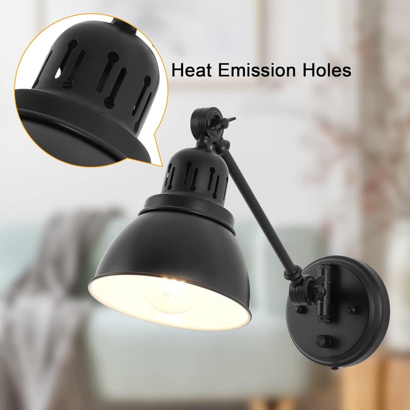 Plug in Wall Sconces, Wall Sconce Lighting with Dimmable On Off Switch, Swing Arm Wall Lamp, Black Metal Industrial Wall Light Fixtures, Safety E26 Base, 6FT Plug in Cord