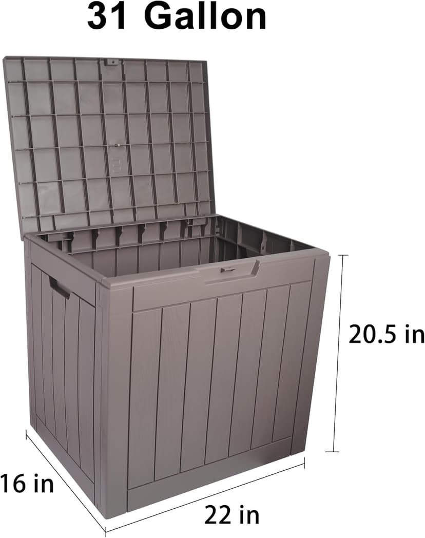 Plastic Deck Box Small Resin 31 Gallon Patio Storage Boxes Outdoor Waterproof Storage for Outside Toy Storage Box Waterproof Grey Garden Storage Bin with Lid Lockable Dock Box