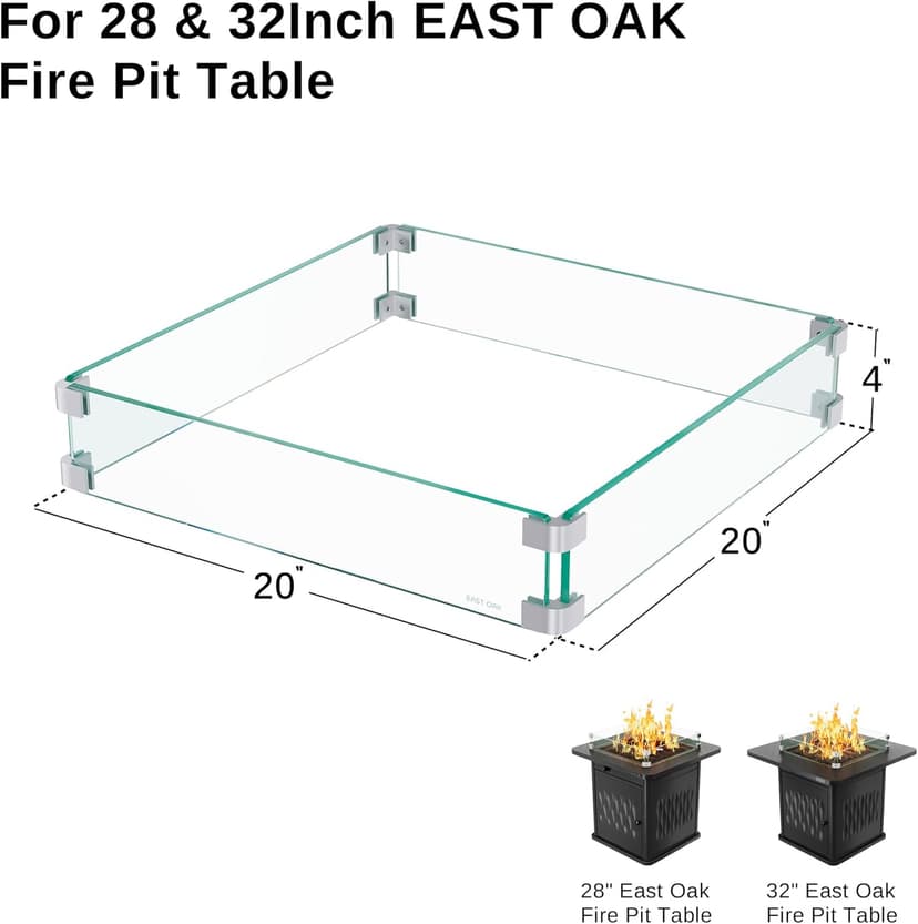 EAST OAK Glass Wind Guard for 28''&32'' Propane Fire Pit Table, Clear Tempered Wind Guard for Gas Firepit, Thick Rectangle Glass Shield with Aluminum Corner Bracket & Rubber Feet，20 x 20 x 4 inch