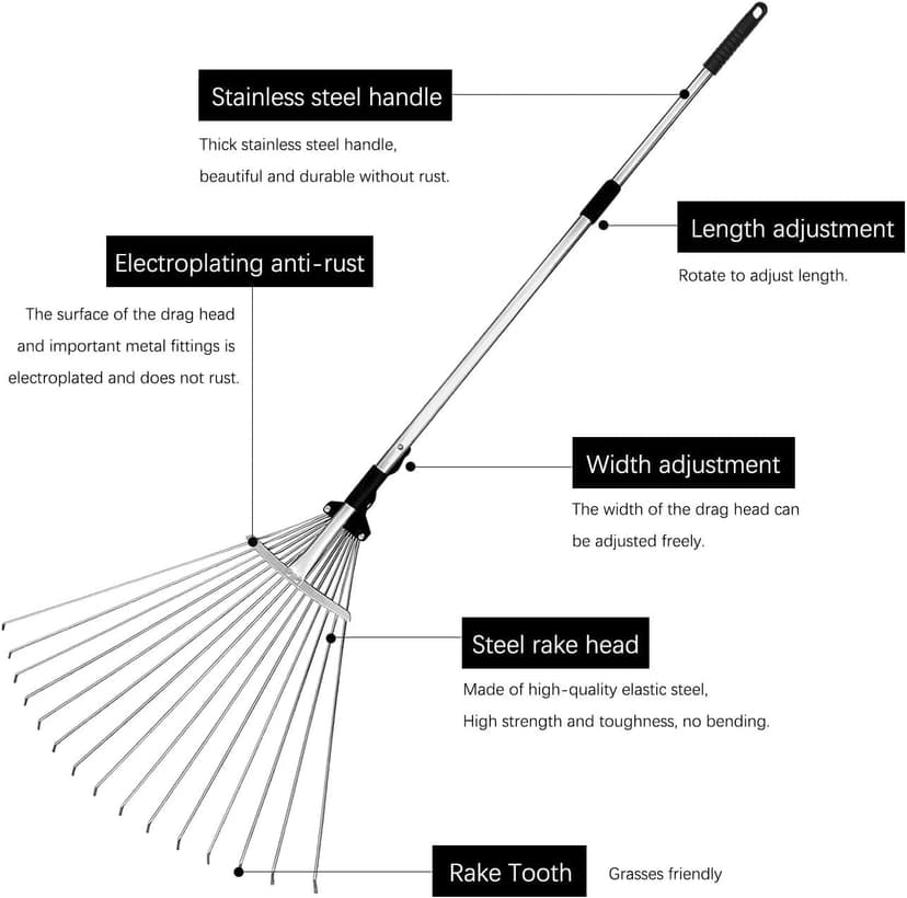 Buyplus Adjustable Garden Leaf Rake - 24 to 63 Inch Telescopic Metal Expandable Folding Leaves Rake for Lawn Yard, Flowers Beds, Black