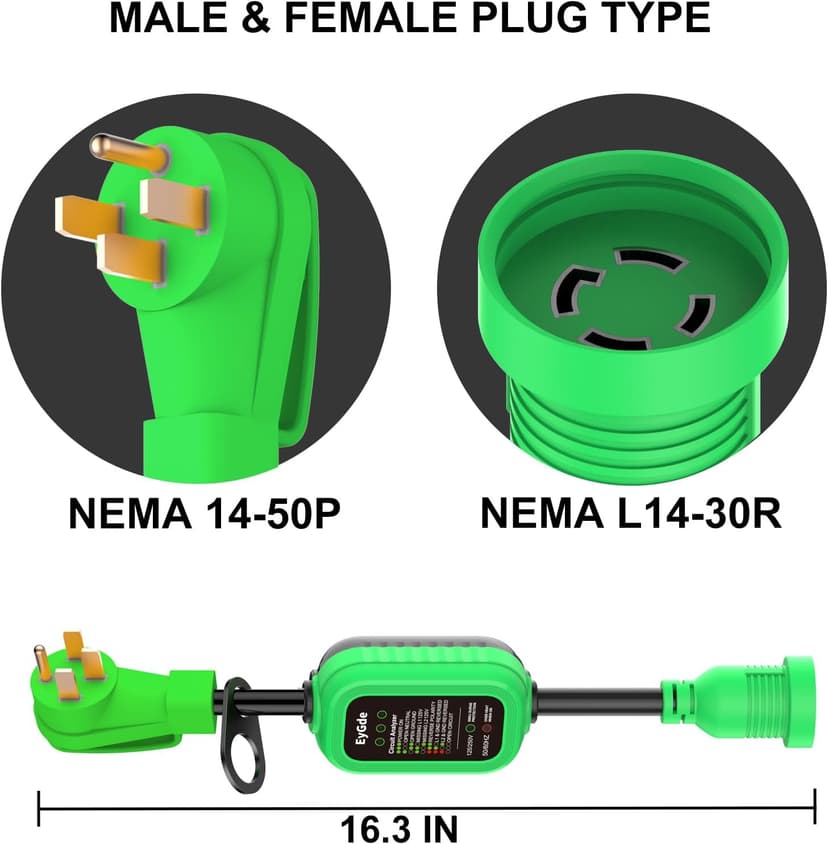 EyGde 50 Amp to 4 Prong 30 Amp Generator Adapter with Surge Protector - Patented NEMA 14-50P Twist Lock Male to L14-30R Female Plug, STW Cord with Circuit Analyzer for Generator