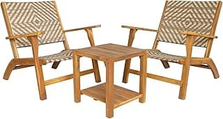Panana 3 Piece Acacia Wood Patio Furniture Set Bistro Set with Coffee Table and Rattan Wicker Back & Seat Chair Ergonomic Curved Design for Poolside, Balcony, Deck, Backyard
