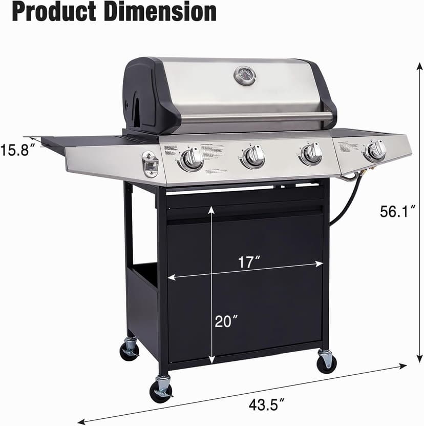 Unovivy 3-Burner Propane Gas Grill with Side Burner, Portable BBQ Grills with Oil Tray and Built-in Thermometer for Outdoor Barbecue, Camping, Patio, Backyard, 39,650 BTU