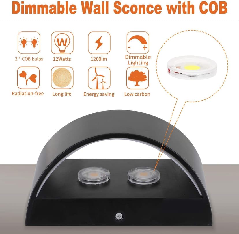 Lightess LED Wall Sconce Light Indoor Dimmable Wall Lights Modern 12W Hallway Wall Lighting for Living Room Bedroom Stair, Warm White