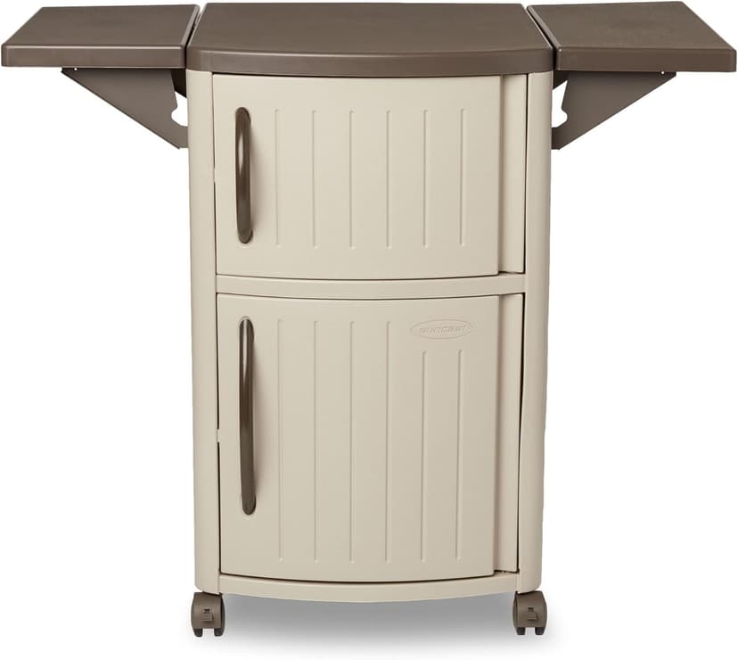 Suncast Outdoor Patio Grill Prep Station Cart with 2 Storage Cabinets, Light Taupe/Mocha