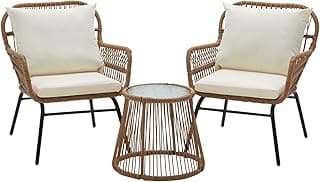 EROMMY 3-Piece Patio Conversation Bistro Set, Outdoor All-Weather Wicker Balcony Furniture with Tempered Glass Top Table & 2 Wide Ergonomic Armchairs, Seat Cushions for Porch, Backyard, White