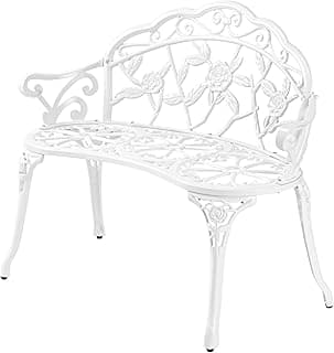 VINGLI 38.5" Patio Park Garden Outdoor Metal Rose Bench,Cast Iron Cast Aluminium Frame Antique Finish Chair,Accented Lawn Front Porch Path Yard Decor Deck Furniture for 2 Person Seat（White