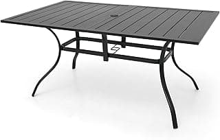 Outdoor Metal Frame Rectangle Patio Dining Table with Slat Top and Umbrella Hole 63"x38" for 6 Person - Black
