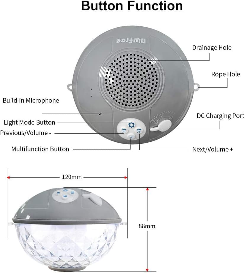 Floating Pool Speakers with Colorful Lights, IP68 Waterproof Bluetooth Speaker for Pool, Crystal Clear Sound Hot Tub Speaker for Pool, Spa and Outdoor