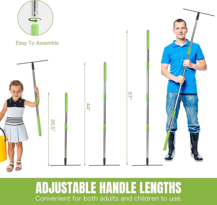 Joyhalo 14-Tine Garden Rake - Adjustable Length 30.5 to 57 Inch, Metal, Levels Soil & Rocks