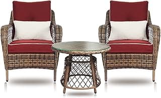 N&V Outdoor Chairs Set Bistro Set 3 Pieces Patio Conversation Set Furniture Set for Balcony Rattan Chairs and Table with Cushions Beige Red Green (RED)