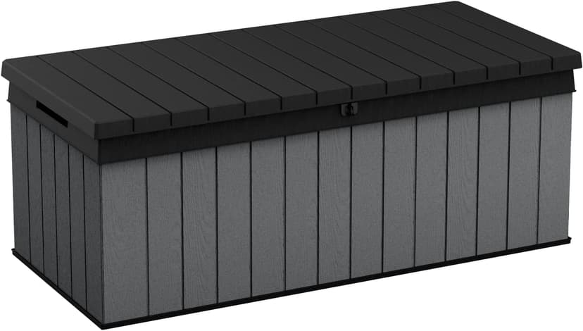 Keter Darwin 100 Gallon Resin Large Deck Box Organization and Storage for Patio Furniture, Outdoor Cushions, Garden Tools, Grey & Black
