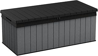 Keter Darwin 100 Gallon Resin Large Deck Box Organization and Storage for Patio Furniture, Outdoor Cushions, Garden Tools, Grey & Black