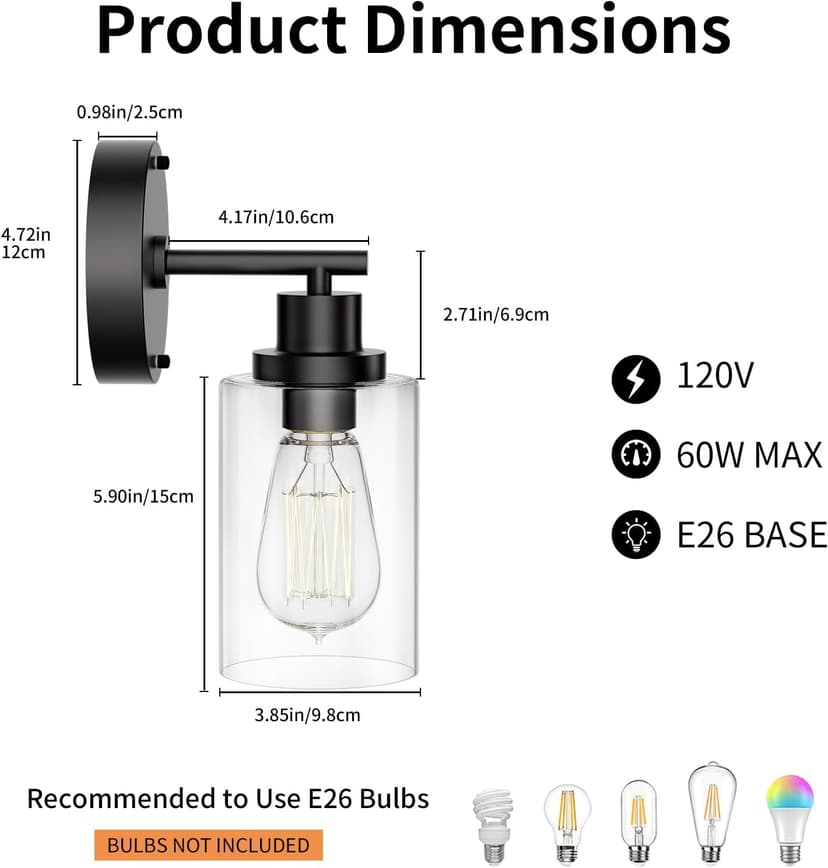 Black Wall Sconce Light: Modern Wall Sconces Indoor, LED Wall Light Fixtures with E26 Base and Clear Glass Shade, Sconces Wall Lighting for Hallway, Bedroom, Living Room, and Mirror