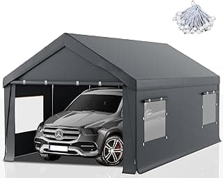 Carport 12x20 FT Heavy Duty,Outdoor Portable Garage with Removable Sidewalls & Doors, Waterproof, UV-Resistant Canopy Shelter for Vehicles, Boats, RVs, Trucks, All-Season Car Port, Gray