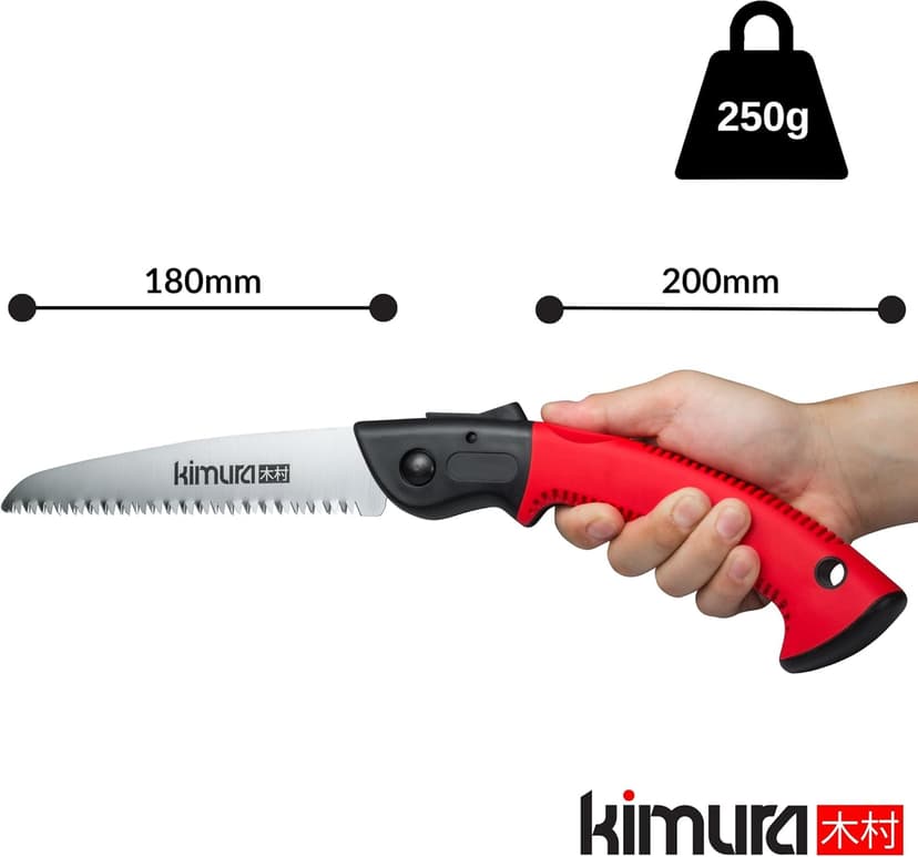 Kimura 7" Pro Folding Pruning Saw - Heavy Duty Japanese SK5 Steel, 180mm Blade, Ergonomic Soft Non-Slip Handle, Lightweight Foldable Saw for Branches, Trimming, Camping, PVC, Hiking, Wood