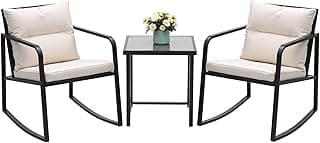 Devoko 3 Piece Rocking Bistro Set Wicker Patio Outdoor Furniture Porch Chairs Conversation Sets with Glass Coffee Table (Beige)