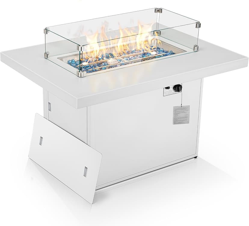 NICESOUL 43'' Outdoor Aluminum Firepit Table, 60,000 BTU Propane/Natural Gas, Rectangle CSA-Certified Fire Pit with Wind Guard & Glass Rocks, Rust-Proof Luxury Fireplace for Patio Poolside Deck, White
