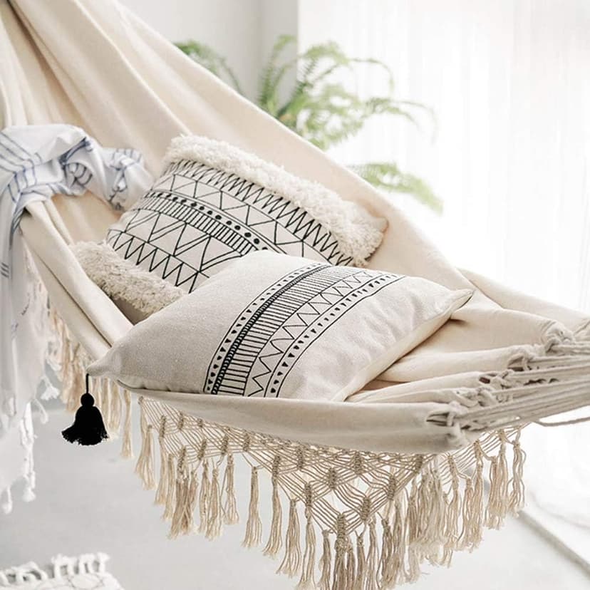 Handmade Cotton Woven Balcony Hammock Hanging Rope Chair Porch Swing with Crochet Fringe for Backyard Patio Garden Outdoor and Indoor Boho Style Natural White
