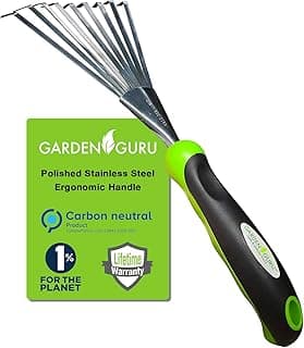 Garden Guru Stainless Steel Hand Rake Soil Tiller with Ergonomic Handle, Great for Gardening, Cultivating, Loosening Soil & Spreading Mulch, Raking Flower Beds