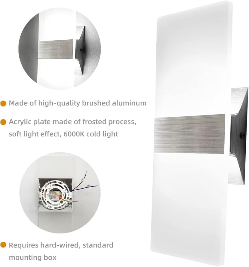 KICAAO Modern Wall Sconces Set of Two, Led Wall Light 10w, 6000k White Light Up Downlight, Hardwired Acrylic Wall Light Lighting, Suitable for Living Room Corridor Bedside (Cool White 6000K 2Pack)