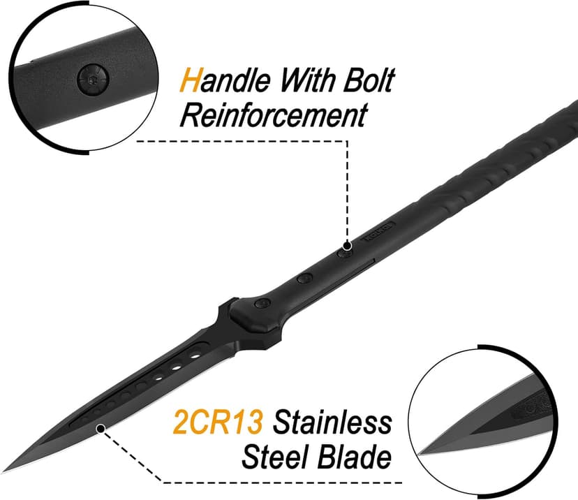 Kalkal Hunting Spear, 2Cr13 Double Edged Stainless Steel Survival Spear, Nylon-Fiberglass Tactical Throwing Spear Handle, Tactical Spear with Secure Sheath for Camping, Outdoor