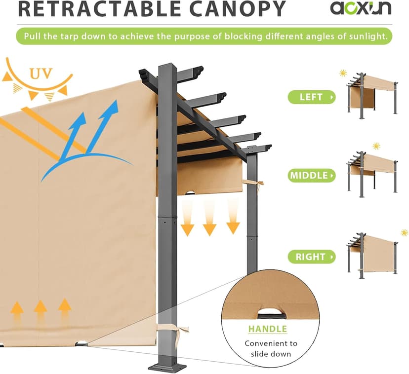 Aoxun 10'x12' Outdoor Retractable Pergola with Adjustable Roof, Modern Metal Patio Aluminum Pergola with Sun Shade Canopy, Brown Shade Cover for Garden, Backyard and Deck