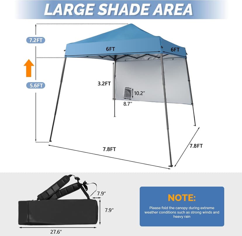 VINGLI 6x6 ft Pop Up Canopy Tent, Outdoor Small Gazebo With Backpack, Patio Slant Leg With 1 Sidewall, Portable Easy Up (Blue)