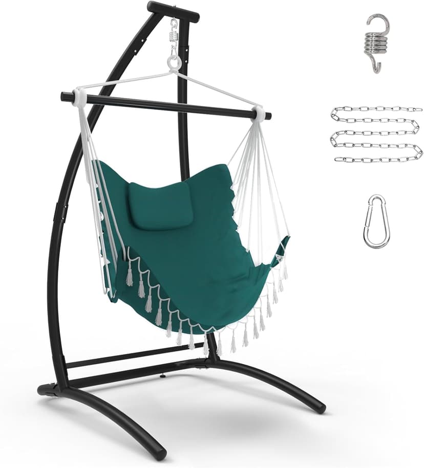 C Type Hammock Chair with Stand, Swing Chair with Neck Pillow, Hammock Stand for Balcony, Patio and Deck, Maximum Weight 300 lbs. (Aqua)