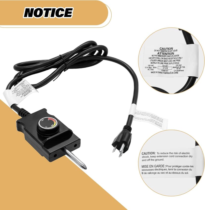 Adjustable Thermostat Controller Probe Cord for Masterbuilt Analog Electric Smokers , Thermostat Control with Power Cord Replacement Parts for Most Electric Smoker and Grills Heating Element