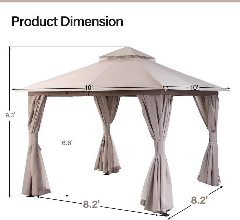 LAUSAINT HOME Outdoor Patio Gazebo 10'x10' with Expansion Bolts, Heavy Duty Party Tent & Shelter with Double Roofs, Mosquito Nettings and Privacy Screens for Backyard, Garden, Lawn, Champagne Khaki