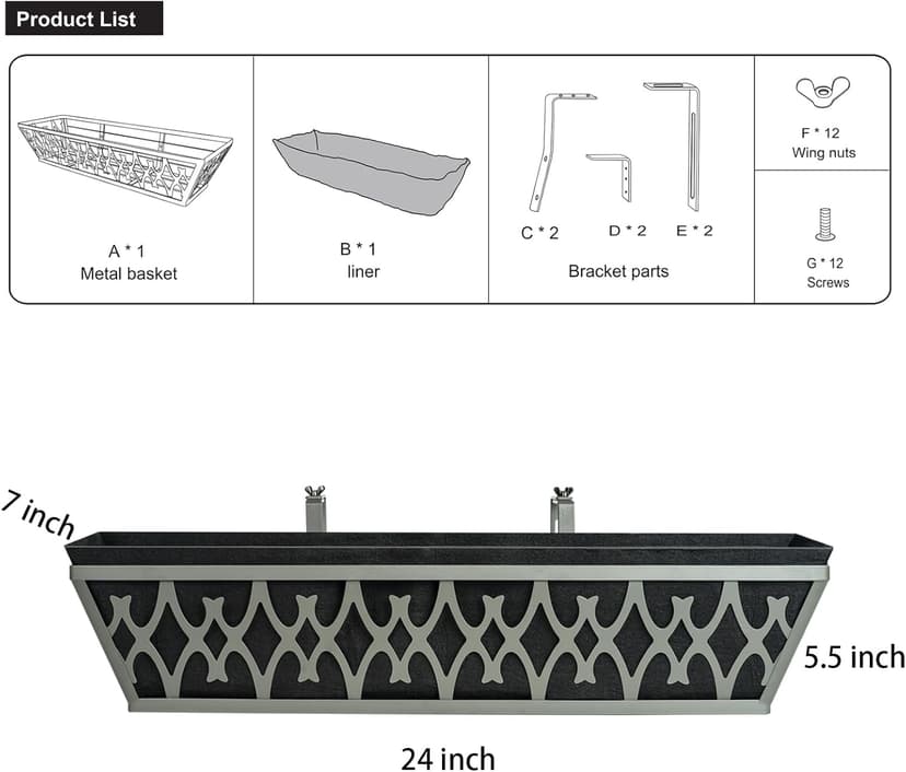 2 Pack 24 Inch Window Boxes Planters Railing Planter Box with Adjustable Brackets & Non-Woven Fabric Plant Grow Bags Deck Railing Planter Boxes Balcony Hanging Flower Box for Outdoor Plants