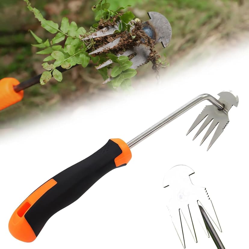 Weed Puller Tool Garden Weeding Pulling Tool– 13” Portable Gardening Weeder, 4 Teeth Manganese Steel Forged Hand Tool for Uprooting Weeds Remover Tool