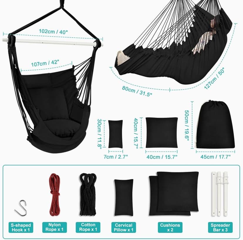 Outerman Hammock Chair, Hanging Chair with 3 Cushions and Foot Rest Support, Sturdy Metal Spreader Bar Max 500Lbs, Swing Chair for Bedroom, Indoor & Outdoor, Patio, Porch or Tree（Black）…