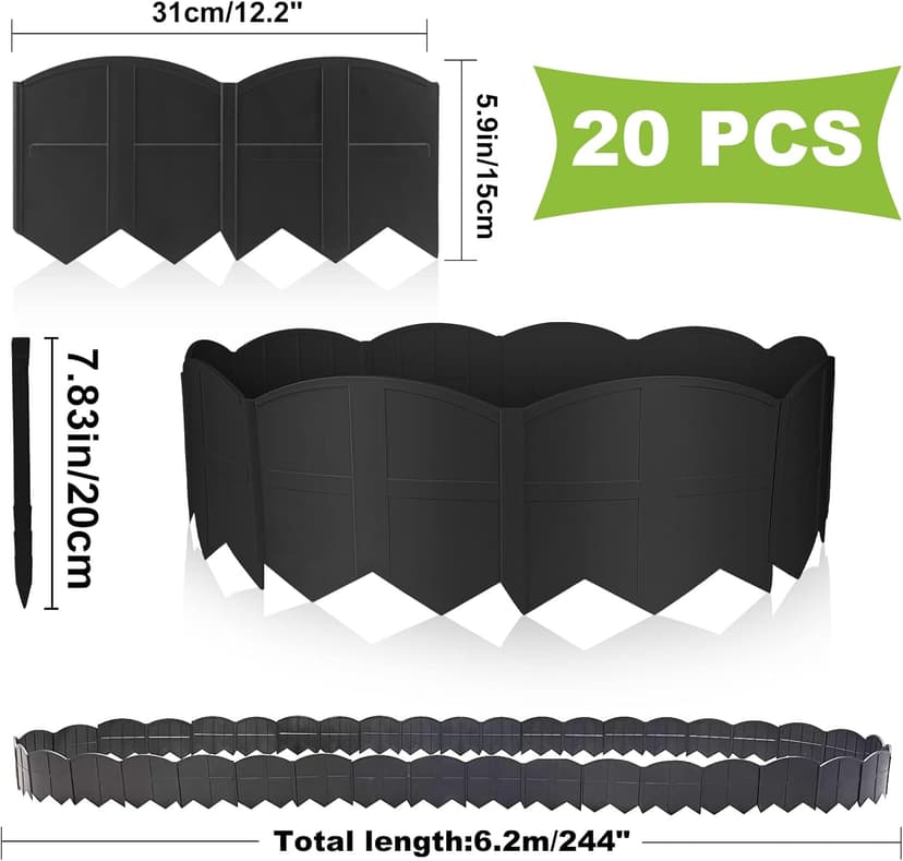 Vashly 20Ft Garden Edging 5.9 in Tall Landscape Edging 20 Pcs Garden Border Edging Plastic Flower Bed Edging Borders Lawn Edging with 20 Pcs Garden Stakes, Black