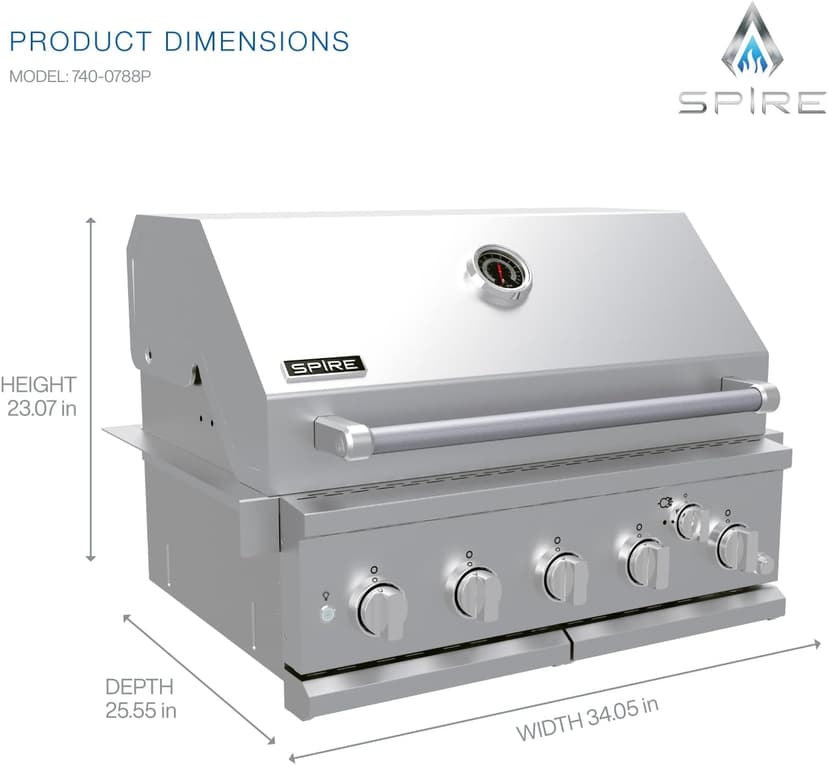 Spire Premium 5 Burner Built In Gas Grill Island Head, Stainless Steel 30 Inch Propane Grill with Rear Burner, 63,000 BTUs, 750 SQ In Racks, Dual Fuel Compatibility - 740-0788P